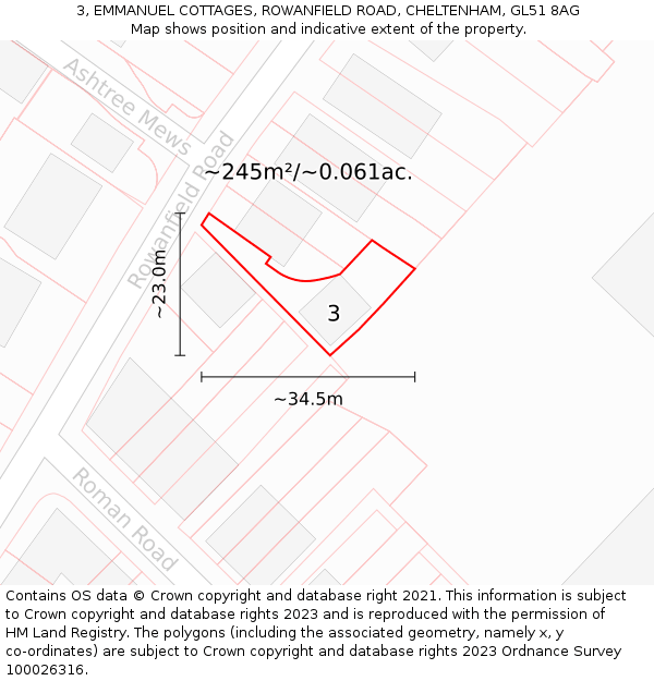 3, EMMANUEL COTTAGES, ROWANFIELD ROAD, CHELTENHAM, GL51 8AG: Plot and title map