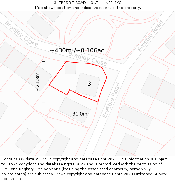 3, ERESBIE ROAD, LOUTH, LN11 8YG: Plot and title map