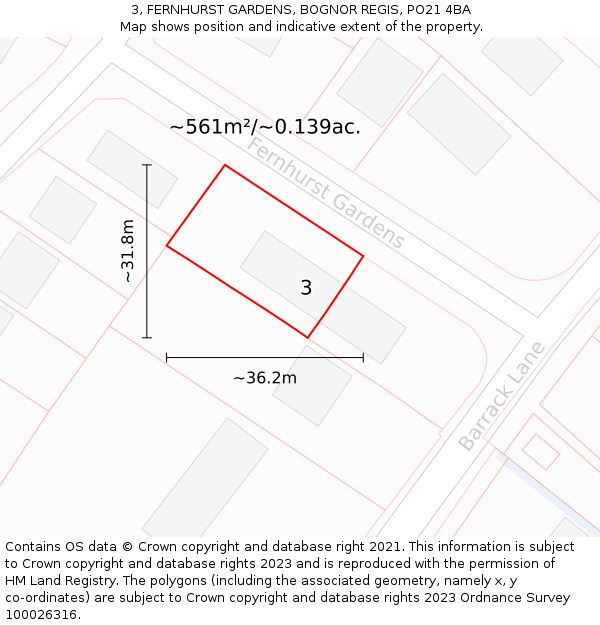 3, FERNHURST GARDENS, BOGNOR REGIS, PO21 4BA: Plot and title map