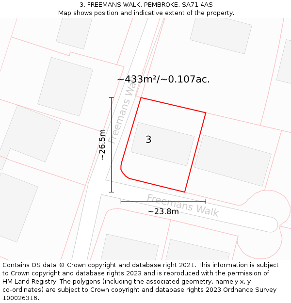 3, FREEMANS WALK, PEMBROKE, SA71 4AS: Plot and title map