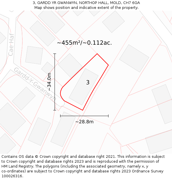 3, GARDD YR GWANWYN, NORTHOP HALL, MOLD, CH7 6GA: Plot and title map