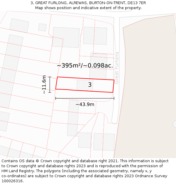 3, GREAT FURLONG, ALREWAS, BURTON-ON-TRENT, DE13 7ER: Plot and title map