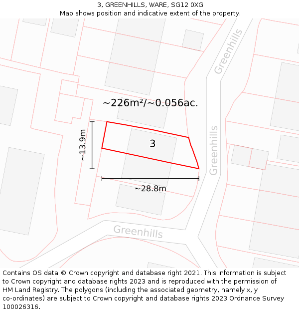 3, GREENHILLS, WARE, SG12 0XG: Plot and title map