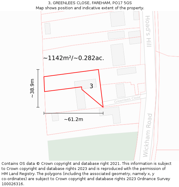 3, GREENLEES CLOSE, FAREHAM, PO17 5GS: Plot and title map