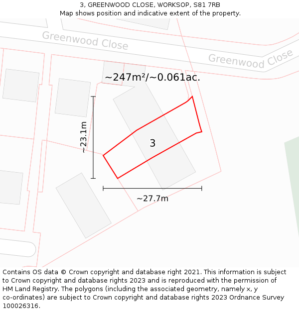 3, GREENWOOD CLOSE, WORKSOP, S81 7RB: Plot and title map