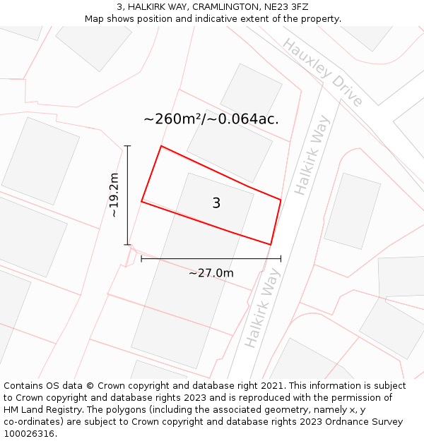 3, HALKIRK WAY, CRAMLINGTON, NE23 3FZ: Plot and title map