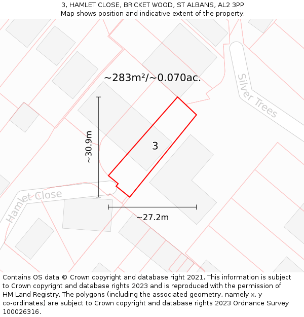 3, HAMLET CLOSE, BRICKET WOOD, ST ALBANS, AL2 3PP: Plot and title map
