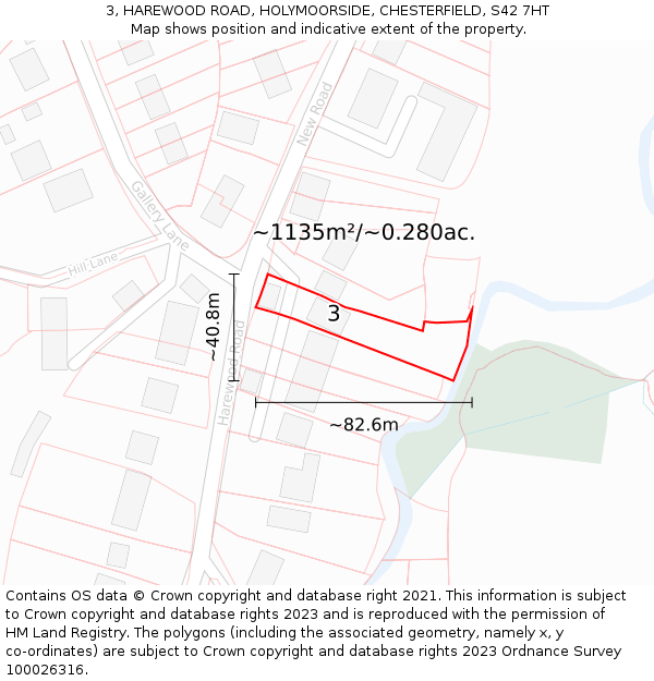 3, HAREWOOD ROAD, HOLYMOORSIDE, CHESTERFIELD, S42 7HT: Plot and title map