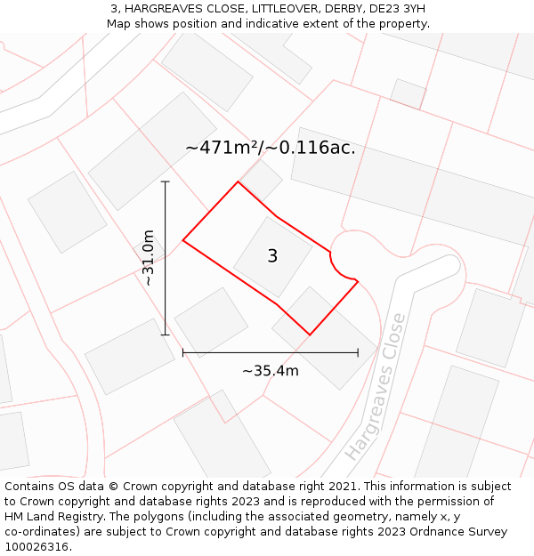 3, HARGREAVES CLOSE, LITTLEOVER, DERBY, DE23 3YH: Plot and title map