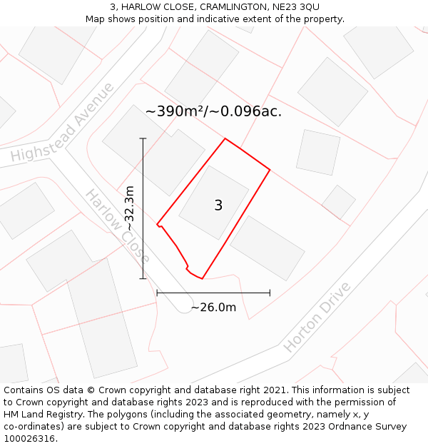 3, HARLOW CLOSE, CRAMLINGTON, NE23 3QU: Plot and title map