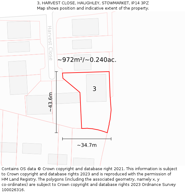 3, HARVEST CLOSE, HAUGHLEY, STOWMARKET, IP14 3PZ: Plot and title map