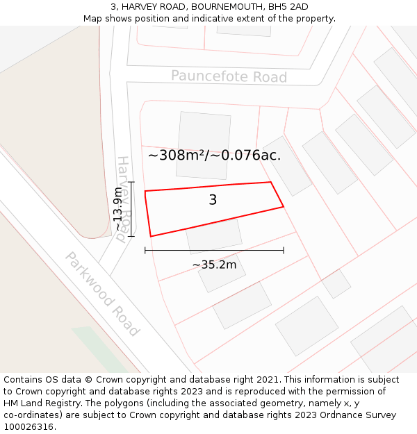 3, HARVEY ROAD, BOURNEMOUTH, BH5 2AD: Plot and title map