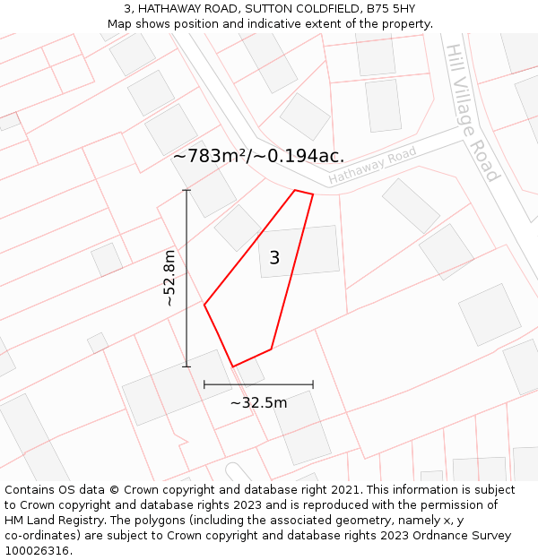 3, HATHAWAY ROAD, SUTTON COLDFIELD, B75 5HY: Plot and title map