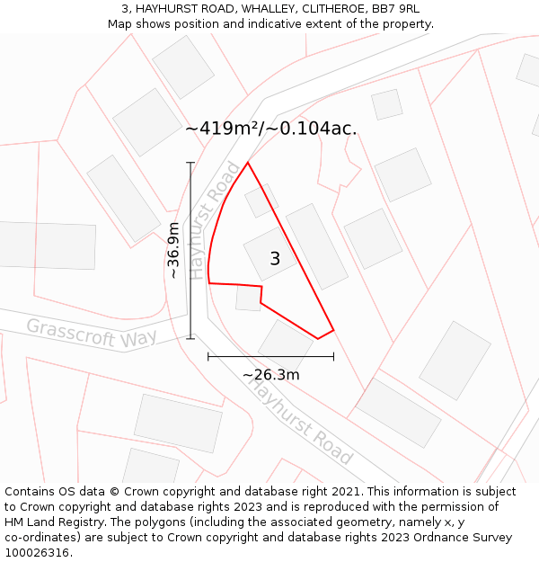 3, HAYHURST ROAD, WHALLEY, CLITHEROE, BB7 9RL: Plot and title map