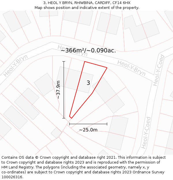 3, HEOL Y BRYN, RHIWBINA, CARDIFF, CF14 6HX: Plot and title map