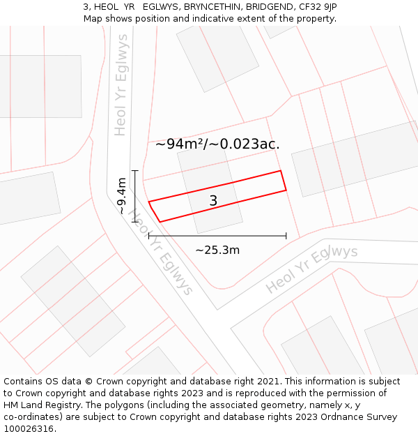 3, HEOL  YR   EGLWYS, BRYNCETHIN, BRIDGEND, CF32 9JP: Plot and title map