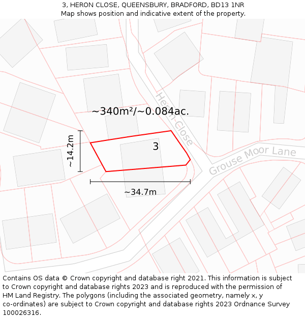 3, HERON CLOSE, QUEENSBURY, BRADFORD, BD13 1NR: Plot and title map