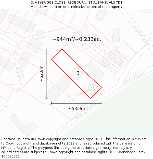 3, HEYBRIGGE CLOSE, REDBOURN, ST ALBANS, AL3 7DT: Plot and title map