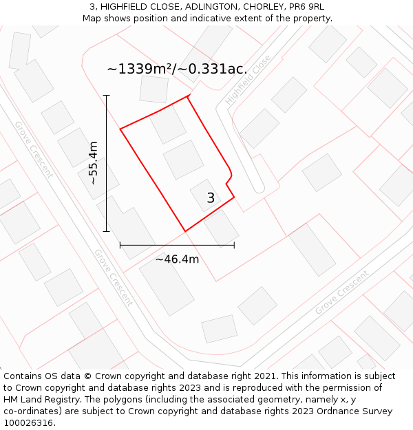 3, HIGHFIELD CLOSE, ADLINGTON, CHORLEY, PR6 9RL: Plot and title map