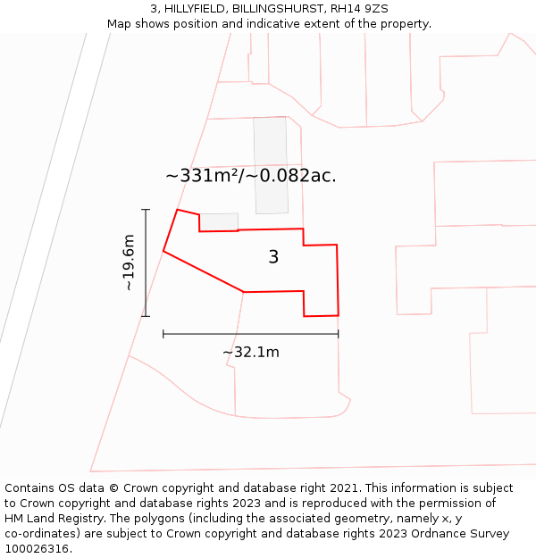 3, HILLYFIELD, BILLINGSHURST, RH14 9ZS: Plot and title map