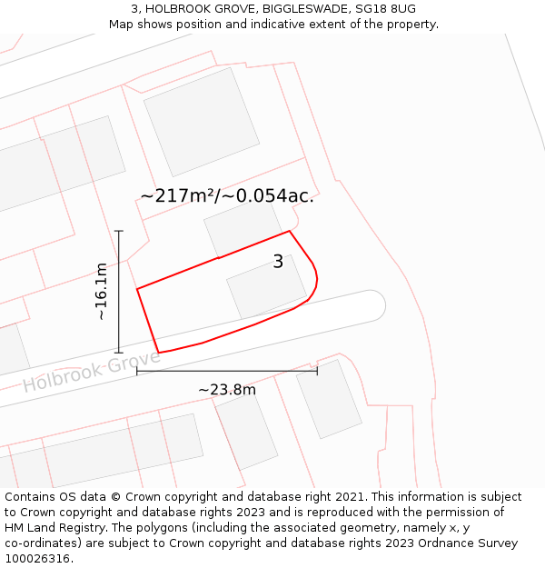 3, HOLBROOK GROVE, BIGGLESWADE, SG18 8UG: Plot and title map