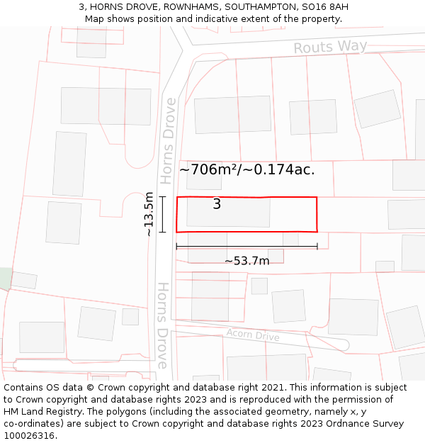 3, HORNS DROVE, ROWNHAMS, SOUTHAMPTON, SO16 8AH: Plot and title map