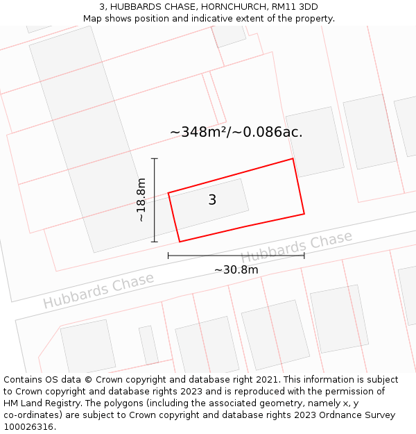 3, HUBBARDS CHASE, HORNCHURCH, RM11 3DD: Plot and title map