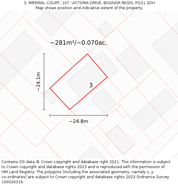 3, IMPERIAL COURT, 107, VICTORIA DRIVE, BOGNOR REGIS, PO21 2DH: Plot and title map
