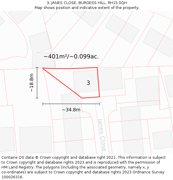 3, JANES CLOSE, BURGESS HILL, RH15 0QH: Plot and title map