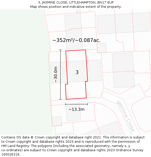 3, JASMINE CLOSE, LITTLEHAMPTON, BN17 6UP: Plot and title map