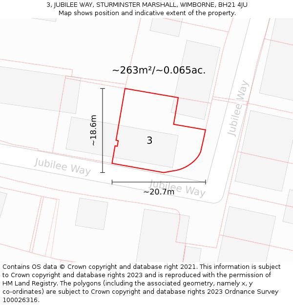 3, JUBILEE WAY, STURMINSTER MARSHALL, WIMBORNE, BH21 4JU: Plot and title map