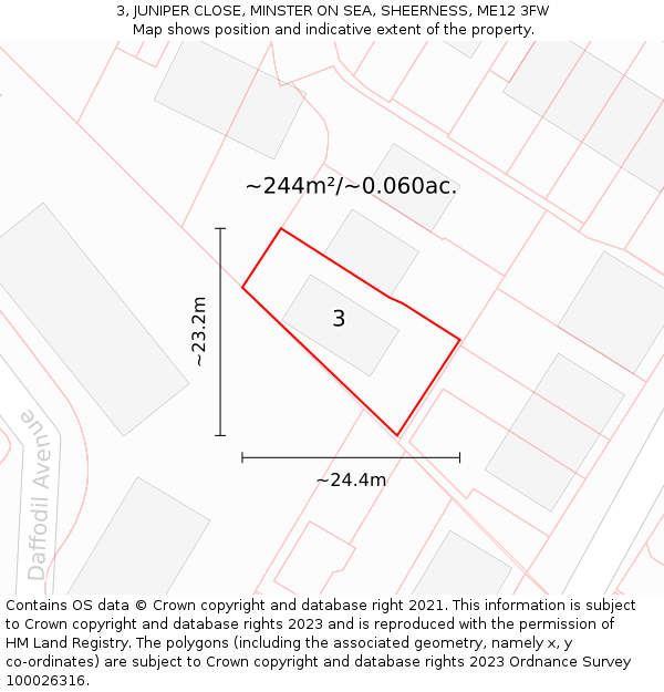 3, JUNIPER CLOSE, MINSTER ON SEA, SHEERNESS, ME12 3FW: Plot and title map