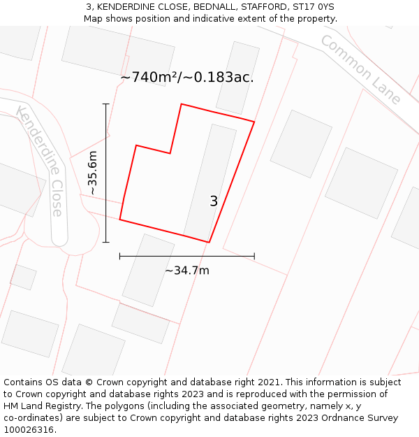 3, KENDERDINE CLOSE, BEDNALL, STAFFORD, ST17 0YS: Plot and title map