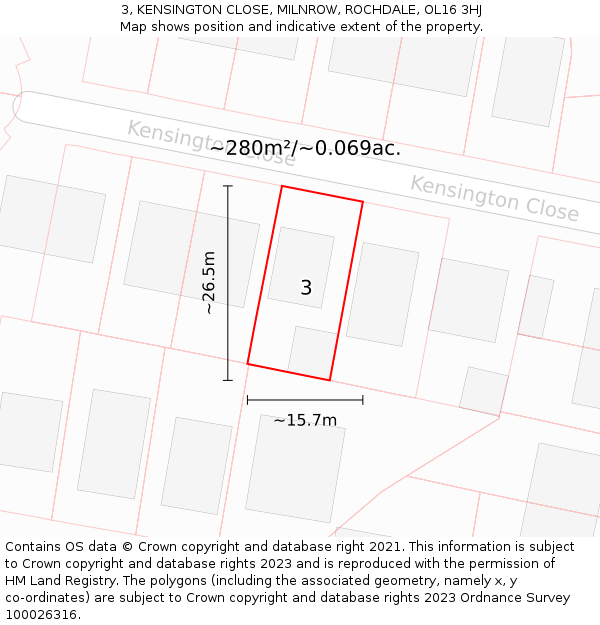 3, KENSINGTON CLOSE, MILNROW, ROCHDALE, OL16 3HJ: Plot and title map