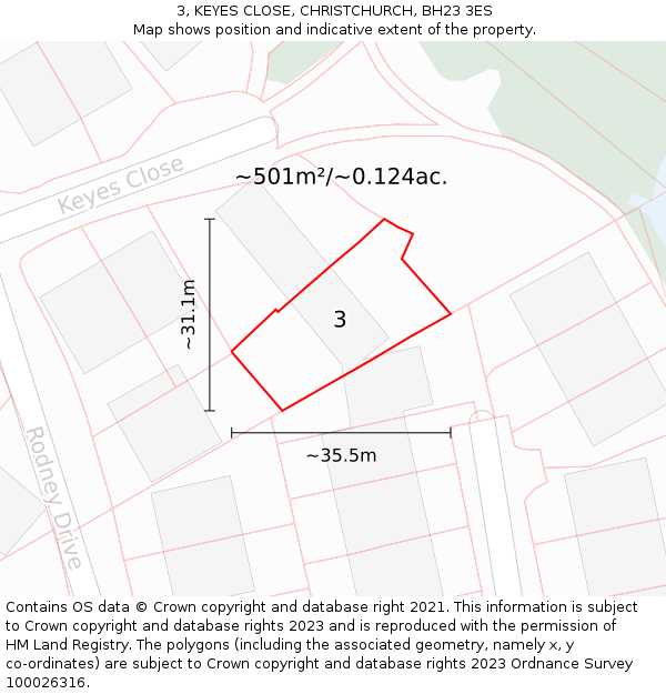 3, KEYES CLOSE, CHRISTCHURCH, BH23 3ES: Plot and title map