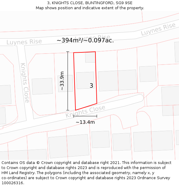 3, KNIGHTS CLOSE, BUNTINGFORD, SG9 9SE: Plot and title map