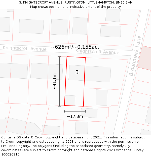 3, KNIGHTSCROFT AVENUE, RUSTINGTON, LITTLEHAMPTON, BN16 2HN: Plot and title map