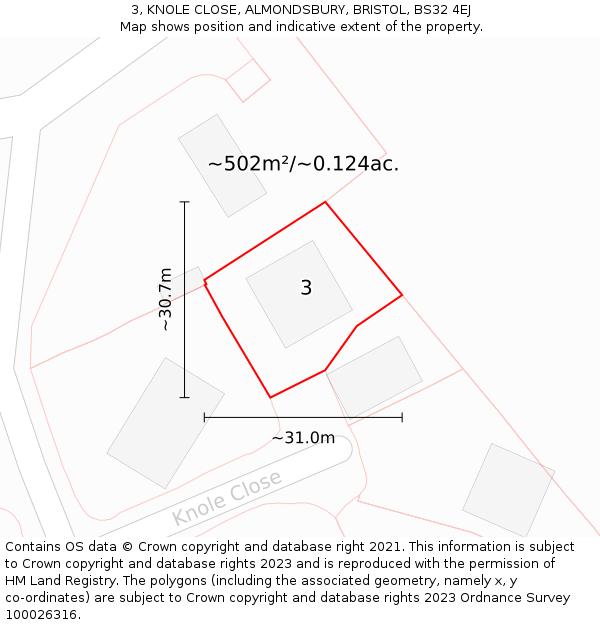 3, KNOLE CLOSE, ALMONDSBURY, BRISTOL, BS32 4EJ: Plot and title map