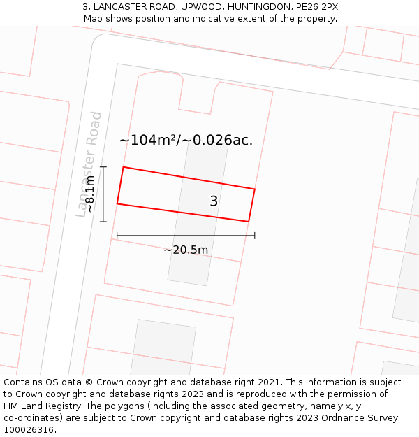 3, LANCASTER ROAD, UPWOOD, HUNTINGDON, PE26 2PX: Plot and title map