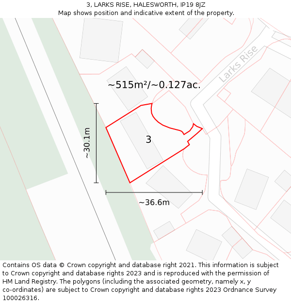 3, LARKS RISE, HALESWORTH, IP19 8JZ: Plot and title map