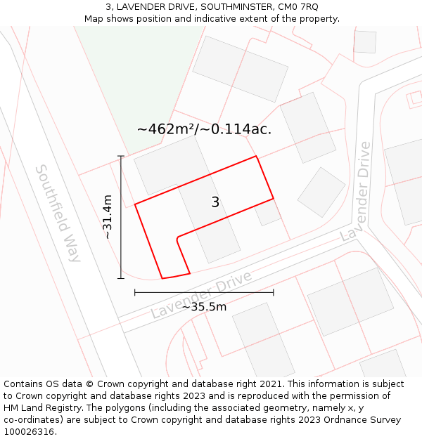 3, LAVENDER DRIVE, SOUTHMINSTER, CM0 7RQ: Plot and title map