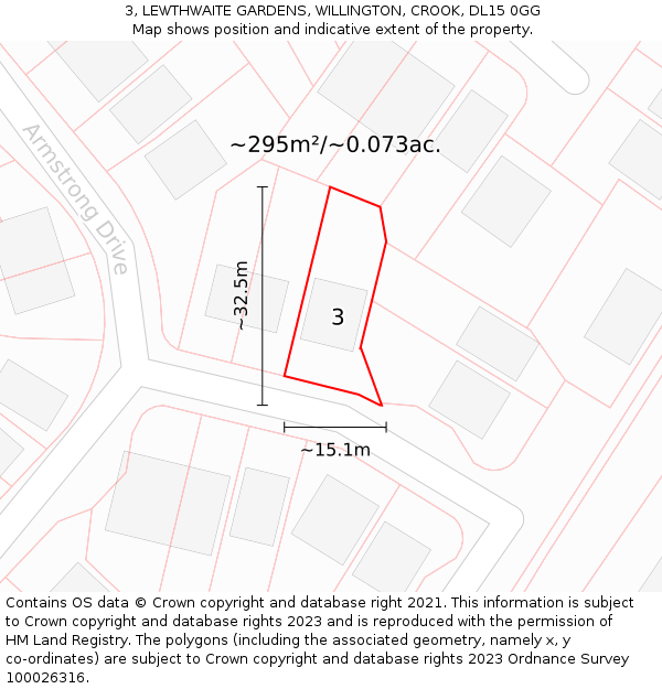 3, LEWTHWAITE GARDENS, WILLINGTON, CROOK, DL15 0GG: Plot and title map