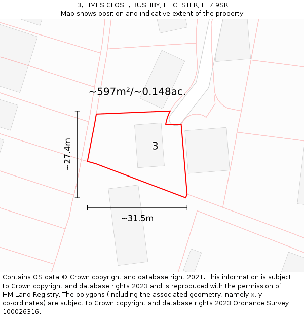 3, LIMES CLOSE, BUSHBY, LEICESTER, LE7 9SR: Plot and title map