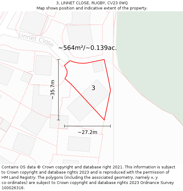 3, LINNET CLOSE, RUGBY, CV23 0WQ: Plot and title map