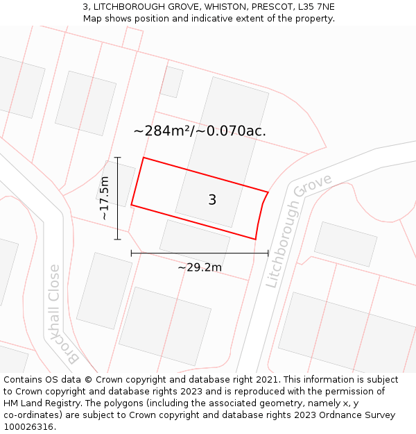 3, LITCHBOROUGH GROVE, WHISTON, PRESCOT, L35 7NE: Plot and title map