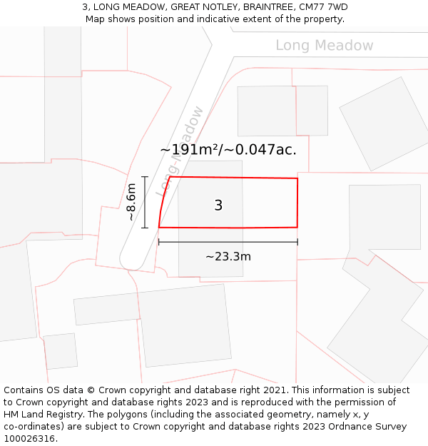 3, LONG MEADOW, GREAT NOTLEY, BRAINTREE, CM77 7WD: Plot and title map