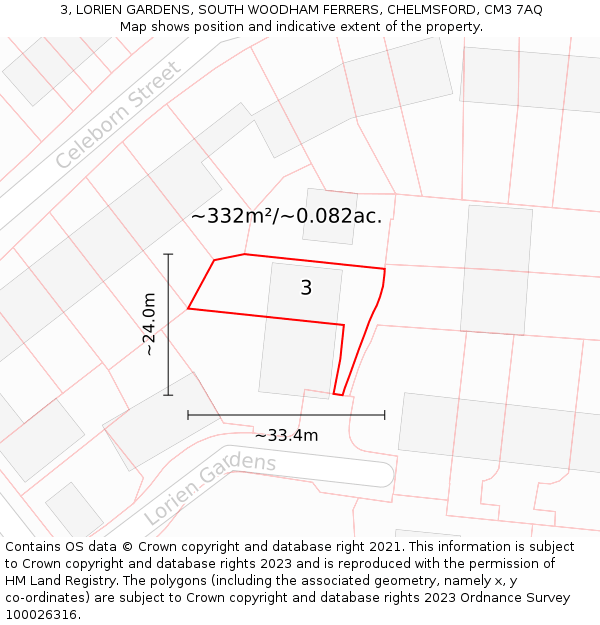 3, LORIEN GARDENS, SOUTH WOODHAM FERRERS, CHELMSFORD, CM3 7AQ: Plot and title map