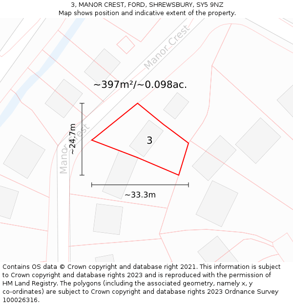 3, MANOR CREST, FORD, SHREWSBURY, SY5 9NZ: Plot and title map