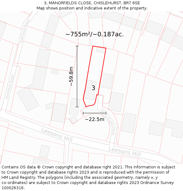 3, MANORFIELDS CLOSE, CHISLEHURST, BR7 6SE: Plot and title map