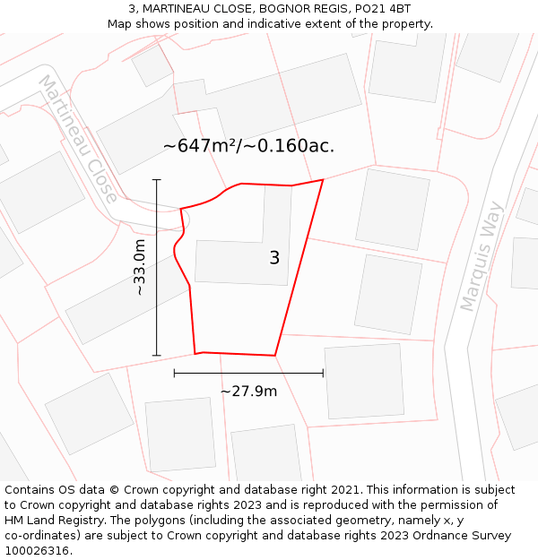 3, MARTINEAU CLOSE, BOGNOR REGIS, PO21 4BT: Plot and title map